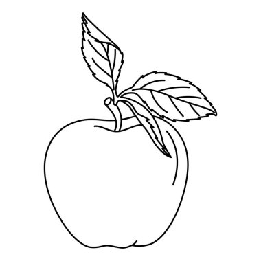 Yaprak çizgili bir elma boyama sayfası çiziyor. Olgun elma siyah ve beyaz vektör çizimi. El çizimi karalama biçimi.