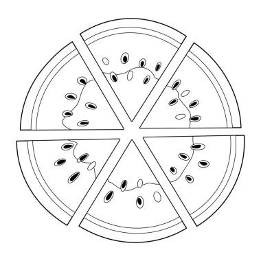 Olgun kesimli karpuz üst görünümü. El çizimi karalama stili boyama sayfası için izole, meyve organik doğal tatlı, sağlıklı kırmızı dilimlenmiş kavun yaz meyvesi. Vektör illüstrasyonu