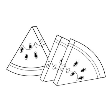 Karpuz dilimi sanatı. Olgun kesilmiş karpuz. El çizimi moda karalama tarzı boyama sayfası izole edilmiş meyve organik doğal tatlı, sağlıklı tatlı dilimlenmiş yaz meyvesi. Vektör illüstrasyonu
