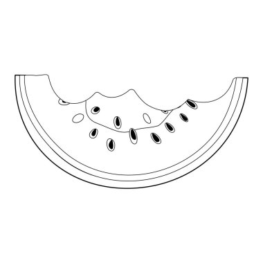 Karpuz kabuğu çizgisi sanatı. Kabuklu karpuz dilimi ve siyah çekirdekli et. El çizimi moda karalama tarzı siyah beyaz boyama sayfası. Organik atık. Vektör illüstrasyonu