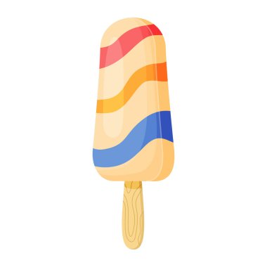 Dondurma çubukta. Dalgalı çizgili renkli soğuk yaz tatlısı. Tahta çubukta dondurulmuş meyve suyu, meyveli dondurma. El çizimi düz stil, izole, neşeli ve yaz manzaralı. Vektör illüstrasyonu