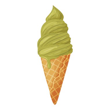 Waffle külahında kibrit ya da fıstıklı dondurma rengarenk yaz tatlısı. Matcha tea Frozen Trezen Hand düz stil çizilmiş, lezzetli tatlı neşeli ve yaz manzaralı. Vektör illüstrasyonu