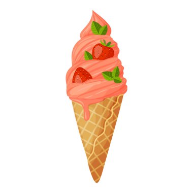 Waffle külahında çilekli dondurma. Olgun böğürtlen ve nane yaprakları Serin ferahlatıcı tatlı el çizilmiş düz stil izole edilmiş neşeli ve yazlık görünüm. Vektör illüstrasyonu