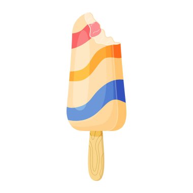 Tahta çubukta ısırılmış meyveli dondurma. Dalgalı çizgili renkli soğuk yaz tatlısı. Donmuş meyve suyu çizilmiş düz stil izole edilmiş, neşeli ve yaz mevsimi görünümlü. Vektör illüstrasyonu
