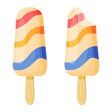 Tahta çubukta bütün ve ısırılmış meyveli dondurma. Dalgalı çizgili renkli soğuk yaz tatlısı. Donmuş meyve suyu çizilmiş düz stil izole edilmiş, neşeli ve yaz mevsimi görünümlü. Vektör illüstrasyonu
