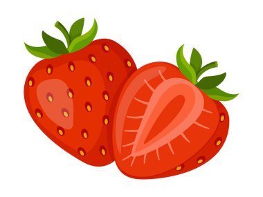 Taze tatlı çilekler. Yarı yarıya ve bütün kırmızı böğürtlen. El çizimi yaz çileği moda düz stili tasarım için izole edilmiş. Vektör illüstrasyonu