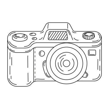 Dijital kamera hattı sanatı. Fotoğraf makinesi El karalama stili boyama sayfası çizdi. Klasik kamera cihazı. Flaş ve lens görünür. Vektör illüstrasyonu