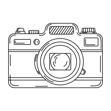 Dijital kamera hattı sanatı. Fotoğraf makinesi El karalama stili boyama sayfası çizdi. Klasik kamera cihazı. Flaş ve lens görünür. Vektör illüstrasyonu