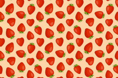 Çilek pürüzsüz desen. Şeftali arkaplanlı yeşil yapraklı meyveli çilekler. Tekstil baskıları, kartlar, tasarım duvar kağıtları için elle çizilmiş düz stil. Vektör illüstrasyonu