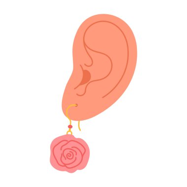 Küpeli kulak. Piercing. Gül küpe, yaz çiçeği mücevheri. El çizimi modaya uygun düz stil modern mücevherler. Vektör illüstrasyonu