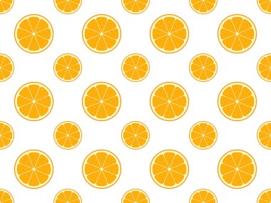 Taze portakal dilimleriyle kusursuz desen. El çizimi moda düz kumaş, tişört baskısı, duvar kağıdı. Portakal karalaması tarzı neşeli bir arka plan. Vektör illüstrasyonu