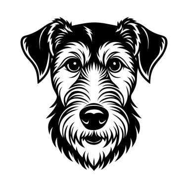 Airedale Terrier köpek kafası simgesi, siyah beyaz logo, köpek silueti, gravür stili. Evcil hayvan karakteri. Vektör illüstrasyonu