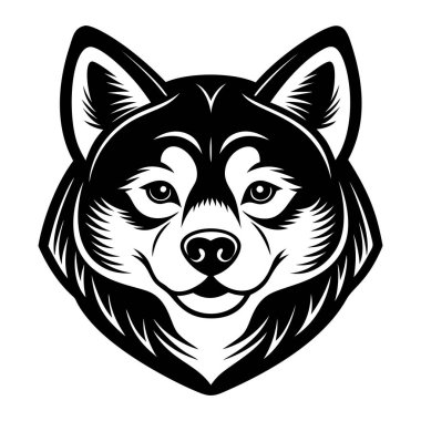 Akita köpek kafası ikonu. Siyah beyaz logo, köpek silueti, gravür stili. Evcil hayvan karakteri. Vektör illüstrasyonu