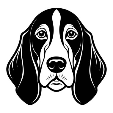 Basset av köpeği kafa simgesi. Siyah beyaz logo, köpek silueti, gravür stili. Evcil hayvan karakteri. Vektör illüstrasyonu