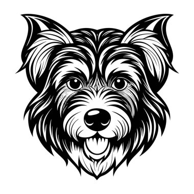 Kısa kuyruklu köpek kafası ikonu. Siyah beyaz logo, köpek silueti, gravür stili. Evcil hayvan karakteri. Vektör illüstrasyonu