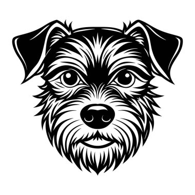 Sınır Teriyeri köpek kafası ikonu. Siyah beyaz logo, köpek silueti, gravür stili. Evcil hayvan karakteri. Vektör illüstrasyonu