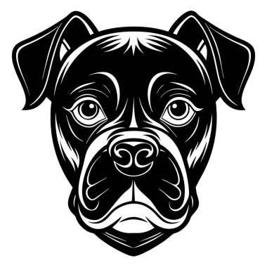 Boksör köpek ikonu. Siyah beyaz logo, köpek silueti, gravür stili. Evcil hayvan karakteri. Vektör illüstrasyonu