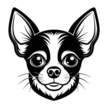 Chihuahua köpek ikonu. Siyah beyaz logo, köpek silueti, gravür stili. Evcil hayvan karakteri. Vektör illüstrasyonu