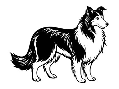 collie dog icon. Black and white logo, dog silhouette, engraving style. Pet character. Vector illustration clipart