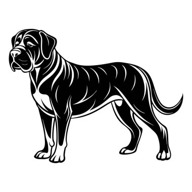 İngiliz sert köpek ikonu. Siyah beyaz logo, köpek silueti, gravür stili. Evcil hayvan karakteri. Vektör illüstrasyonu