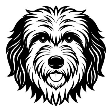 İngiliz çoban köpeği ikonu. Siyah beyaz logo, köpek silueti, gravür stili. Evcil hayvan karakteri. Vektör illüstrasyonu