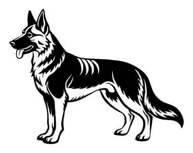 Alman çoban köpeği ikonu. Siyah beyaz logo, köpek silueti, gravür stili. Evcil hayvan karakteri. Vektör illüstrasyonu