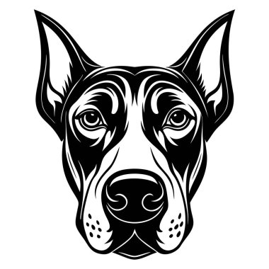 Büyük Dan köpek ikonu. Siyah beyaz logo, köpek silueti, gravür stili. Evcil hayvan karakteri. Vektör illüstrasyonu