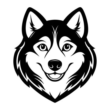 İri köpek kafası ikonu. Siyah beyaz logo, köpek silueti, gravür stili. Evcil hayvan karakteri. Vektör illüstrasyonu