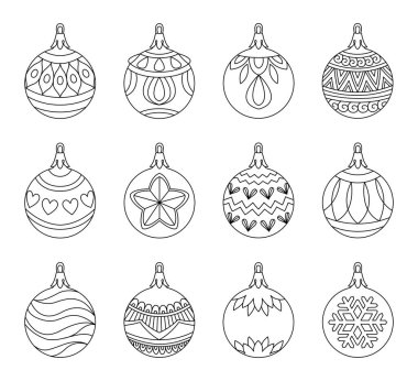 Vector noel balosu karalama stili hazırladı. El çizimi siyah ve beyaz izole dünya Noel ağaçları için dekoratif, yeni yıl ve noel süsleme sayfası. Vektör illüstrasyonu