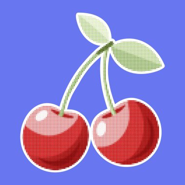Kiraz. Modaya uygun yarım ton tarzı. Taze meyve retro rengi yarım tonlu noktalı doku. Eski moda dergi pop sanatları, modern kolaj elementleri. Vektör illüstrasyonu