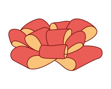 Düz stil kırmızı ve altın kurdele. Süslü hediye papyonu için el yapımı kırmızı ve sarı papyon. Vektör illüstrasyonu