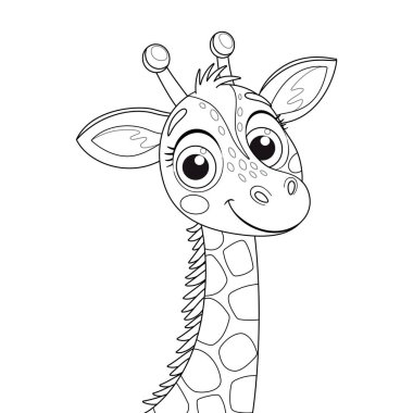 Şirin zürafa komik hayvan karalama stili. El çizimi hayvan boyama sayfası. Evcil hayvan karakteri, siyah beyaz boyama kitabı, sanat terapisi, çizgi sanatı, komik zürafa portresi. Vektör illüstrasyonu