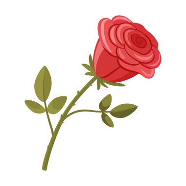 Yapraklı kırmızı gül çiçeği. El çizimi moda düz stil izole ikon. Doodle tarzı, Sevgililer Günü aşk çiçeği. Vektör illüstrasyonu