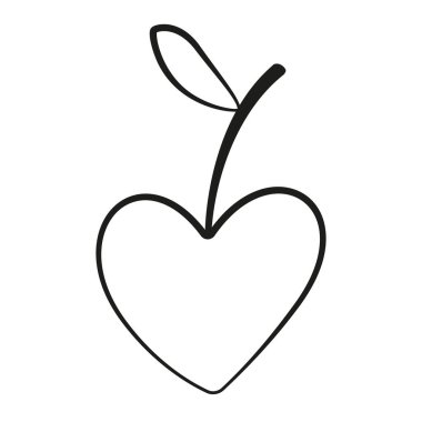 Kalp şeklinde kiraz karalama stili. El çizimi siyah beyaz logo. Kiraz çizgisi sanatı. Web grafik tasarım poster dövmesi için tasarım elemanı. Boyama sayfası sanat terapisi. Vektör illüstrasyonu