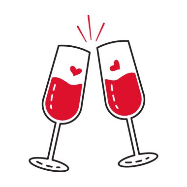 Şampanya bardakları karalama stili. El, modaya uygun, düz stil aşk ikonu. Web grafik tasarımı poster dövmesi için aşkın romantik sembolü. Sevgililer günü tebrik kartı çizgisi sanat temsilcisi illüstrasyonu.