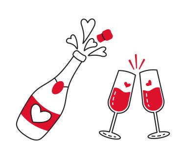 Şampanya şişesi ve gözlük karalama stili El, modaya uygun, düz stil aşk ikonu, web grafik tasarım poster dövmesi sevgililer günü kartı çizim çizgisi resim çizimi için aşkın romantik sembolü.
