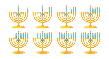 Menorah dokuz mum yakma sırası. El çizimi modaya uygun düz stil izole edilmiş Yahudi bayramı Hanuka geleneksel dokuz dallı şamdan. Mutlu Hanuka Vektör illüstrasyonları