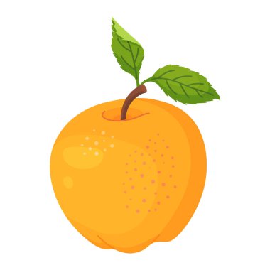 Yapraklı sarı olgun elma, taze meyve. Elle çizilmiş yemek tırnağı. Yeşil yapraklı tam meyve, şeffaf arka planda yalıtılmış düz stil. Vektör illüstrasyonu