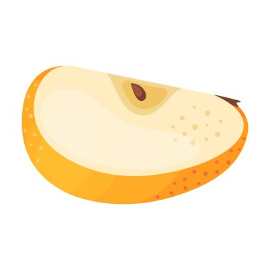 Sarı olgun elma dilimi, taze bahçe meyvesi. Elle çizilmiş yemek tırnağı. Bir dilim taze sarı elma meyvesi şeffaf arka planda izole edilmiş düz stil. Altın Lezzetli Vektör illüstrasyonu