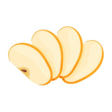 Sarı olgun elma dilimleri, taze meyve. Elle çizilmiş yemek tırnağı. Dilimler taze sarı elma meyvesi, şeffaf arka planda izole edilmiş düz stil. Altın Lezzetli Vektör illüstrasyonu