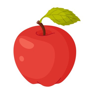Yapraklı kırmızı elma, taze bahçe meyvesi. Elle çizilmiş yemek tırnağı. Yeşil yapraklı tam meyve, şeffaf arka planda yalıtılmış düz stil. Vektör illüstrasyonu