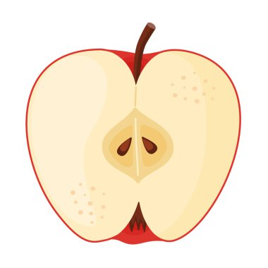 Olgunlaşmış yarım elma, taze meyve. Elle çizilmiş yemek tırnağı. Yarısı, bir dilim taze elma meyvesi şeffaf arka planda izole edilmiş düz stil. Vektör illüstrasyonu