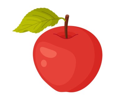 Yapraklı kırmızı elma, taze bahçe meyvesi. Elle çizilmiş yemek tırnağı. Yeşil yapraklı tam meyve, şeffaf arka planda yalıtılmış düz stil. Vektör illüstrasyonu