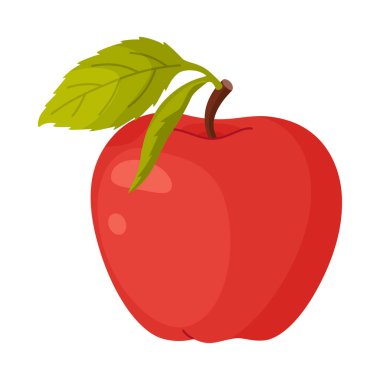 Yapraklı kırmızı elma, taze bahçe meyvesi. Elle çizilmiş yemek tırnağı. Yeşil yapraklı tam meyve, şeffaf arka planda yalıtılmış düz stil. Vektör illüstrasyonu