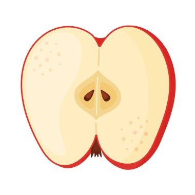 Olgunlaşmış yarım elma, taze meyve. Elle çizilmiş yemek tırnağı. Yarısı, bir dilim taze elma meyvesi şeffaf arka planda izole edilmiş düz stil. Vektör illüstrasyonu