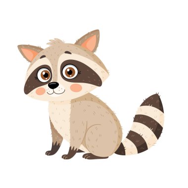 Tatlı rakun vahşi hayvan çizgi film karakteri. El çizimi düz stil izole ikon. Sevimli evcil hayvan komik rakun, çocuklar için illüstrasyon poster, tebrik kartı ve çocuk tasarım vektörü illüstrasyonu