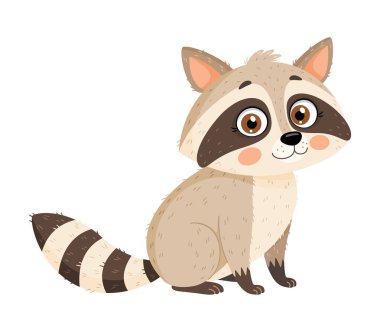 Tatlı rakun vahşi hayvan çizgi film karakteri. El çizimi düz stil izole ikon. Sevimli evcil hayvan komik rakun, çocuklar için illüstrasyon poster, tebrik kartı ve çocuk tasarım vektörü illüstrasyonu