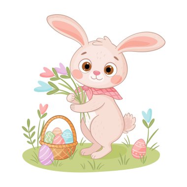 Çiçekli şirin Paskalya Tavşanı. El çizimi moda düz stil izole ikon. Tavşan ya da tavşan çayırda çiçek toplar. Bahar festivali hayvan bayramı karakteri. Vektör illüstrasyonu