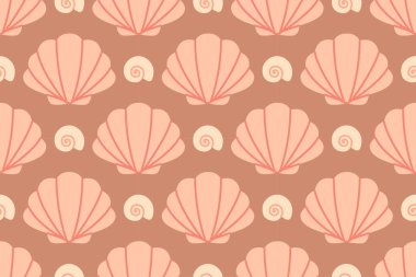 Deniz kabuklu, pürüzsüz desen. El, modaya uygun düz deniz kabuğu çizmiş. Tropik deniz kabukları. Kusursuz yaz şablonu. Vektör illüstrasyonu