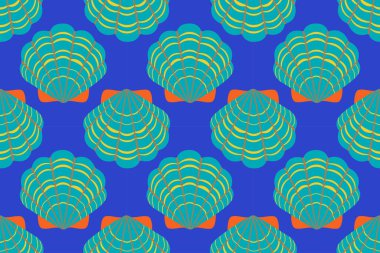 Deniz kabuklu, pürüzsüz desen. El, modaya uygun düz deniz kabuğu çizmiş. Tropik deniz kabukları. Kusursuz yaz şablonu. Vektör illüstrasyonu